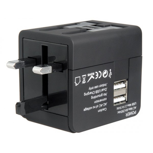 Dual USB Universal World Travel Power Adapter (Black)